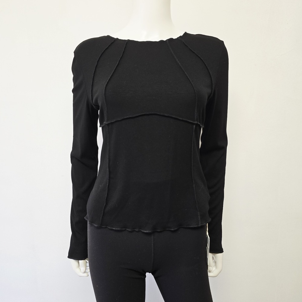 Commense Top Size XL Basic Piping Long Sleeve Ribbed Black Stretch Womens NWT